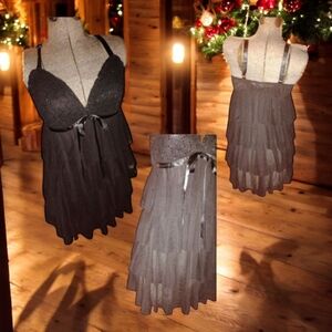 Elegant Black Mini Babydoll Dress With Lace Bust And Ribbon Size Medium